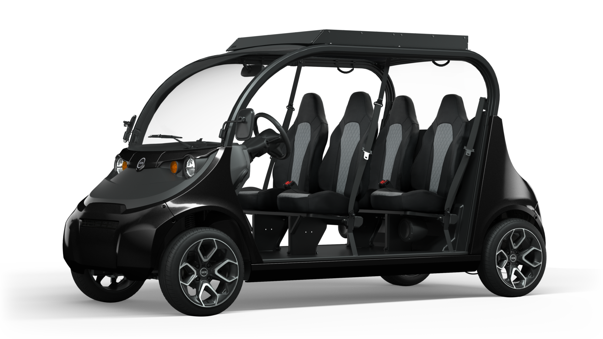 GEM-e4-MY24-Black-Gloss-Black-Gray-No-Doors-Clear-Roof-Solar-Front3q
